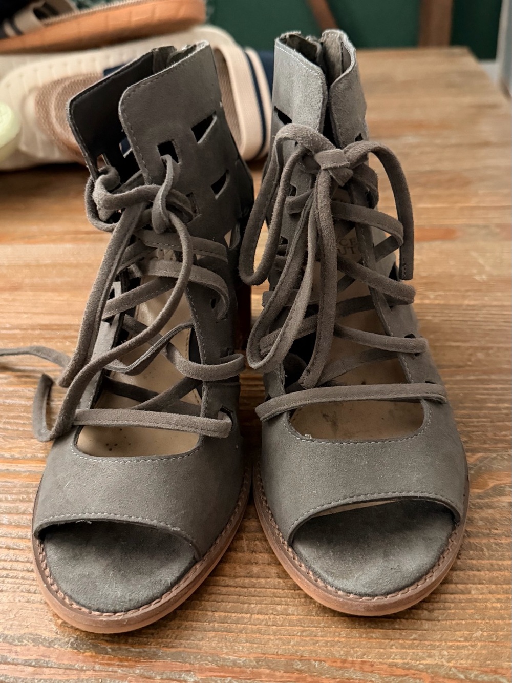 Vince Camuto Gray Lace-Up Suede Peep-Toe Ankle Sandals